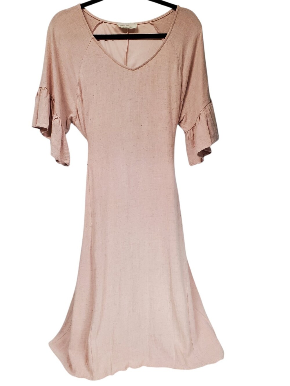 Saints And Hearts Pink Mauve Ruffled Sleeve Boho Dress With Linen Blend Medium